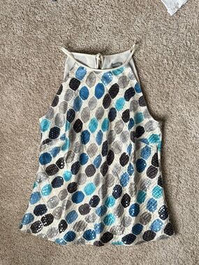 Ann Taylor Sleeveless Halter Camisole in Blue, Teal, Gray and Black Dot Print